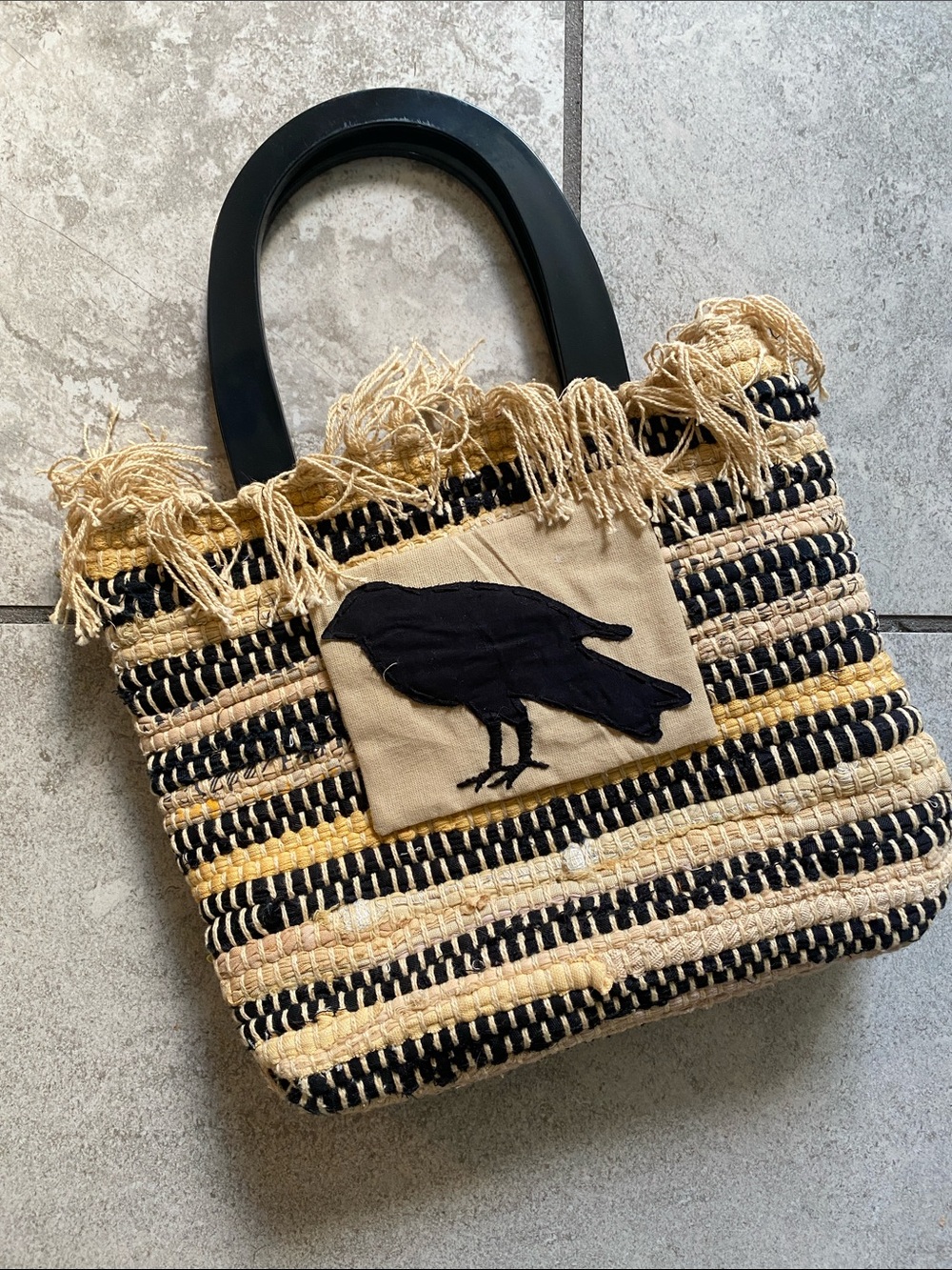 Handmade Woven Black and Natural Straw Purse with Raven Patch